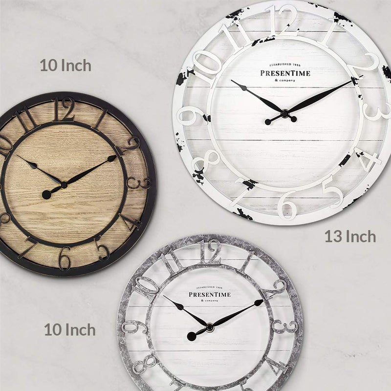 Presentime & Co 13" Farmhouse Series Wall Clock, Quartz Movement, Shiplap Style, Raised 3D Arabic Numeral, Antique Distressed White - Image 5